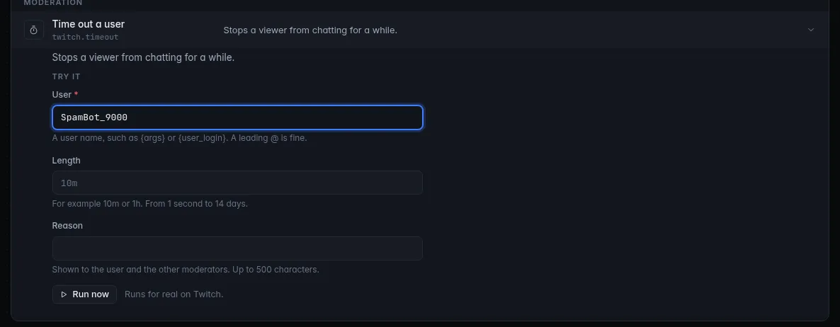 An open action on the Actions page with its settings form and the Run now button
