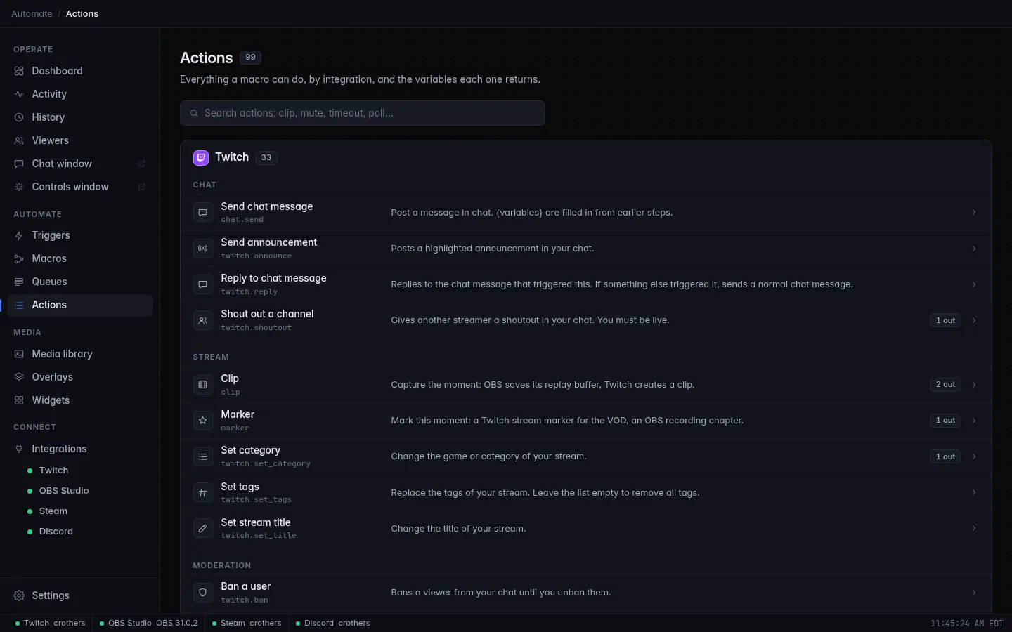 The Actions page listing Twitch chat, stream and moderation actions with their IDs.