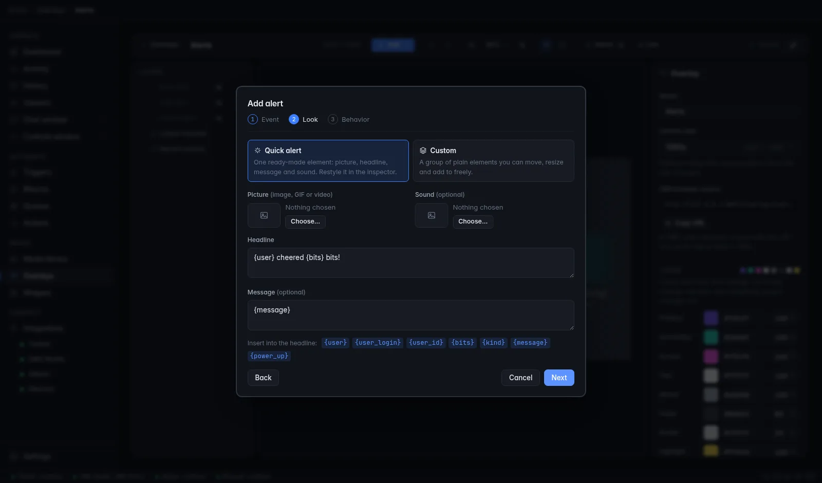 Step 2 of the Add alert wizard: Quick alert or Custom, Picture and Sound pickers, the Headline and Message, and buttons to insert the event's placeholders
