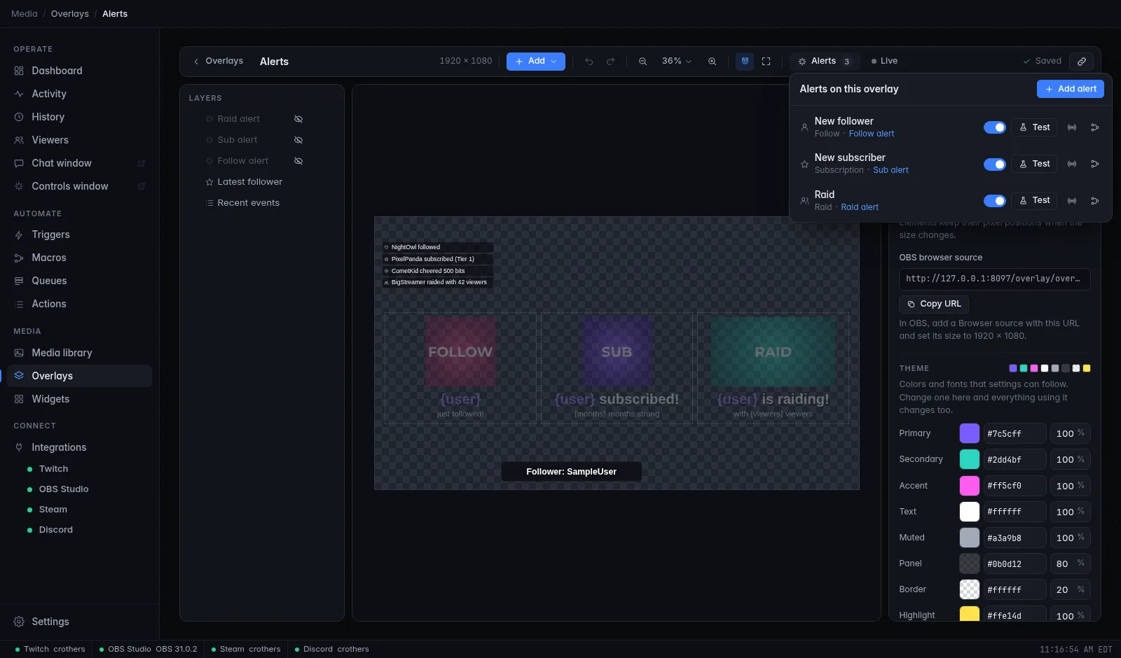 The Alerts panel open over the overlay editor: New follower, New subscriber and Raid alerts, each with its event, the element it shows, an on/off switch, Test, and links to its trigger and macro