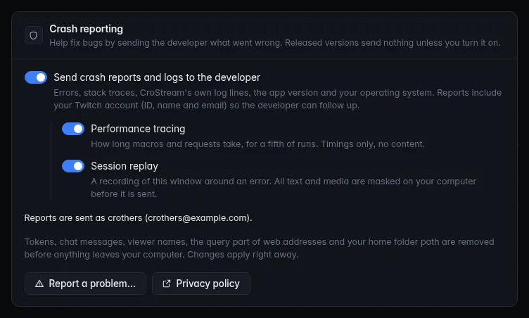 The Crash reporting panel with all three switches on and "Reports are sent as crothers (crothers@example.com)."