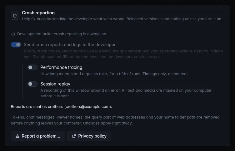 The Crash reporting panel in a development build: "Development build: crash reporting is always on." and the main switch locked on, with Performance tracing and Session replay still off