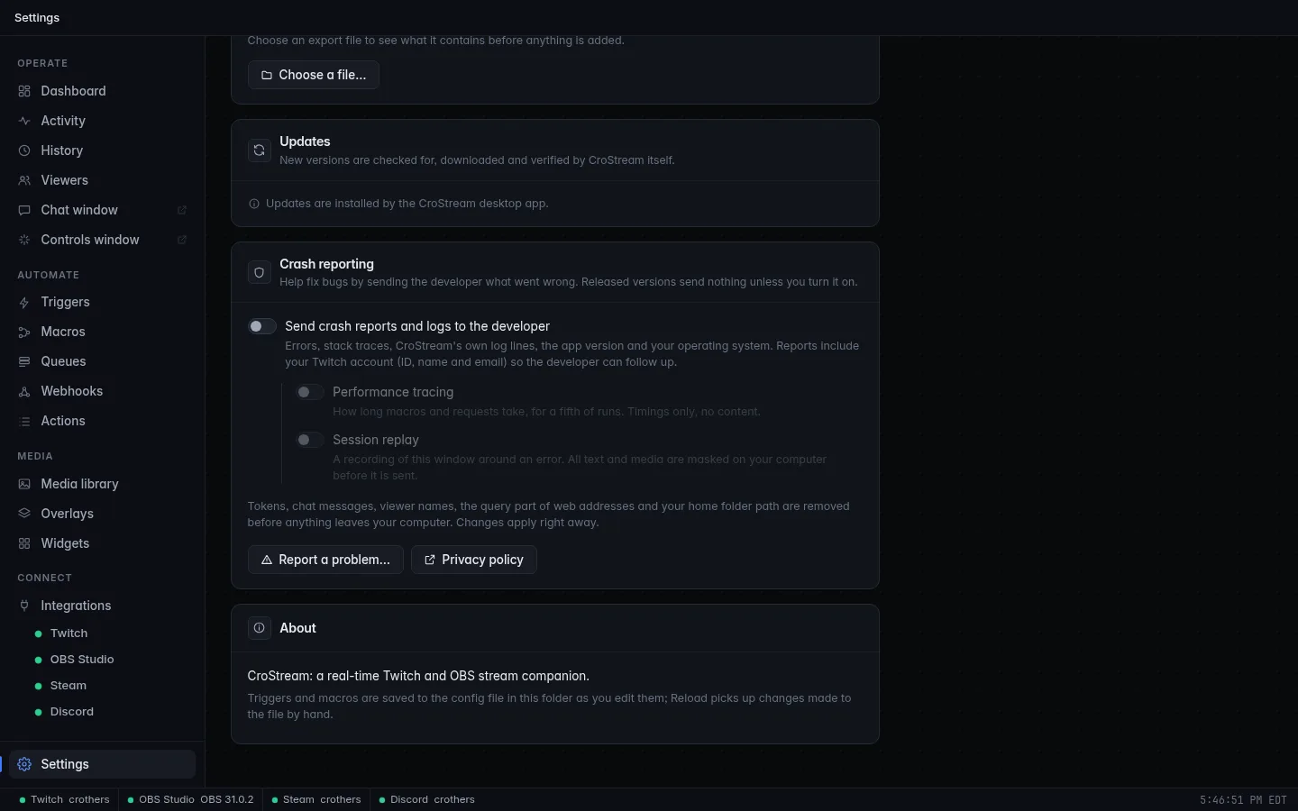 Settings with the sidebar on the left and the Crash reporting panel below Updates, with the main switch off