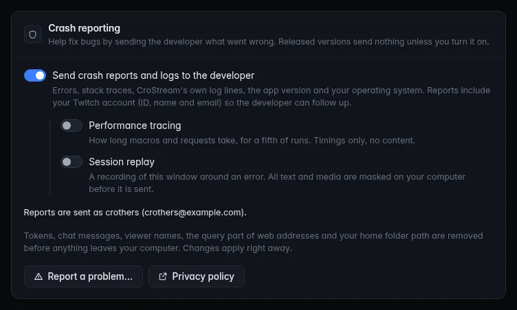 The Crash reporting panel with only the main switch on; Performance tracing and Session replay are available but off