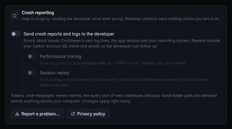The Crash reporting panel in Settings with everything off: the main switch, Performance tracing and Session replay greyed out under it, and the Report a problem… and Privacy policy buttons