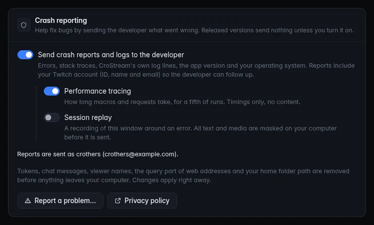 The Crash reporting panel with reporting and Performance tracing on, and "Reports are sent as crothers (crothers@example.com)."