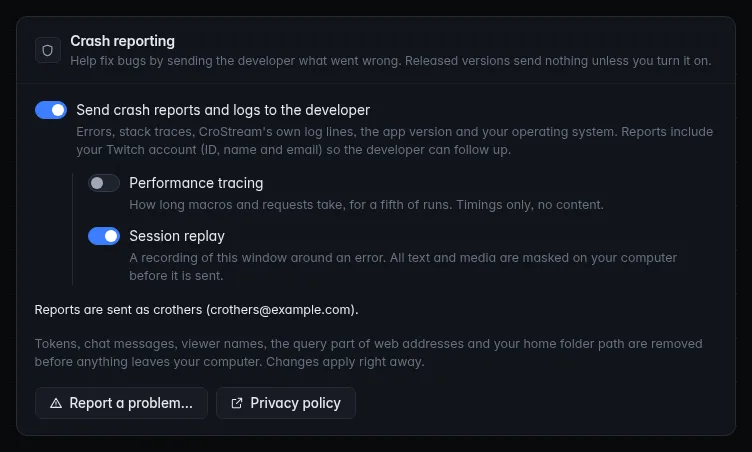 The Crash reporting panel with Session replay switched on: "A recording of this window around an error. All text and media are masked on your computer before it is sent."