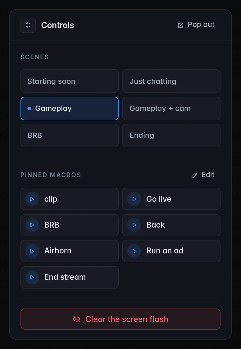 The Controls panel: scene buttons with the on-air scene marked, pinned macro buttons, and the Clear the screen flash button
