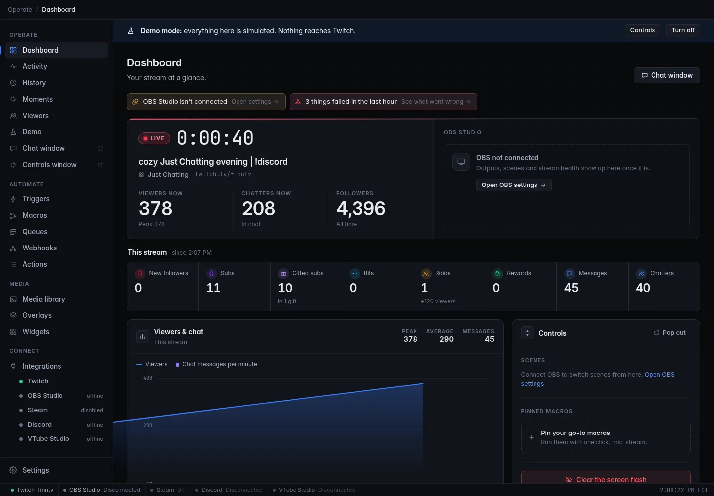 The Dashboard during a busy demo stream: live, with several hundred viewers, a raid, ten gifted subs and new subscribers counted under This stream