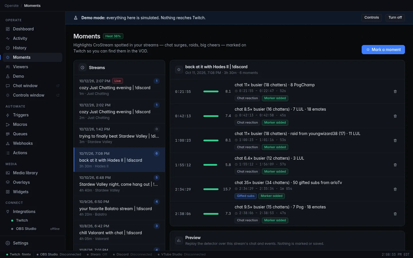 The Moments page in demo mode: a past stream selected, with six moments each showing its time, score, reason and a Marker added tag