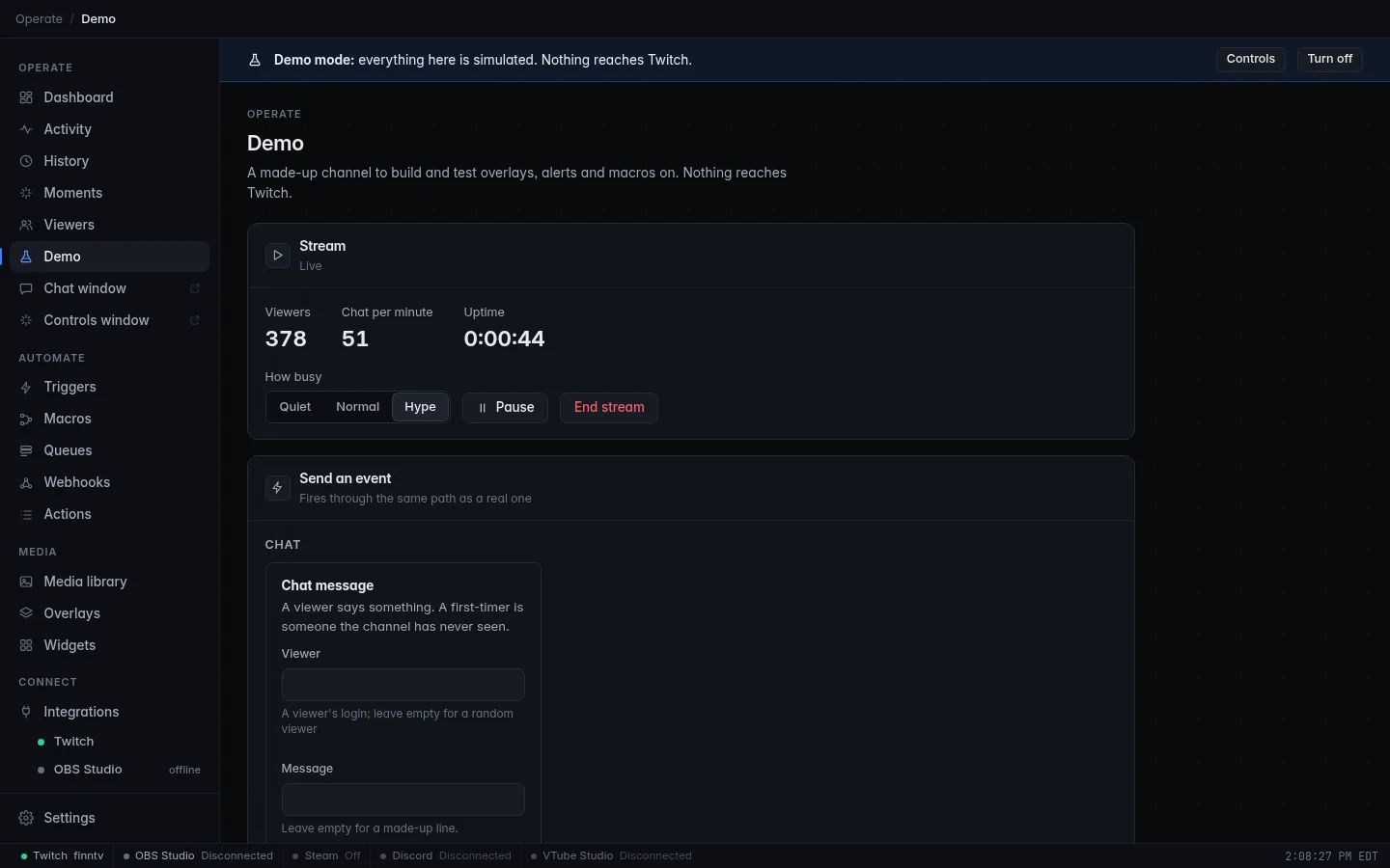 The Demo page: the Stream panel while live, with viewers, chat per minute and uptime, the Quiet, Normal and Hype buttons, Pause and End stream, then the Send an event panel