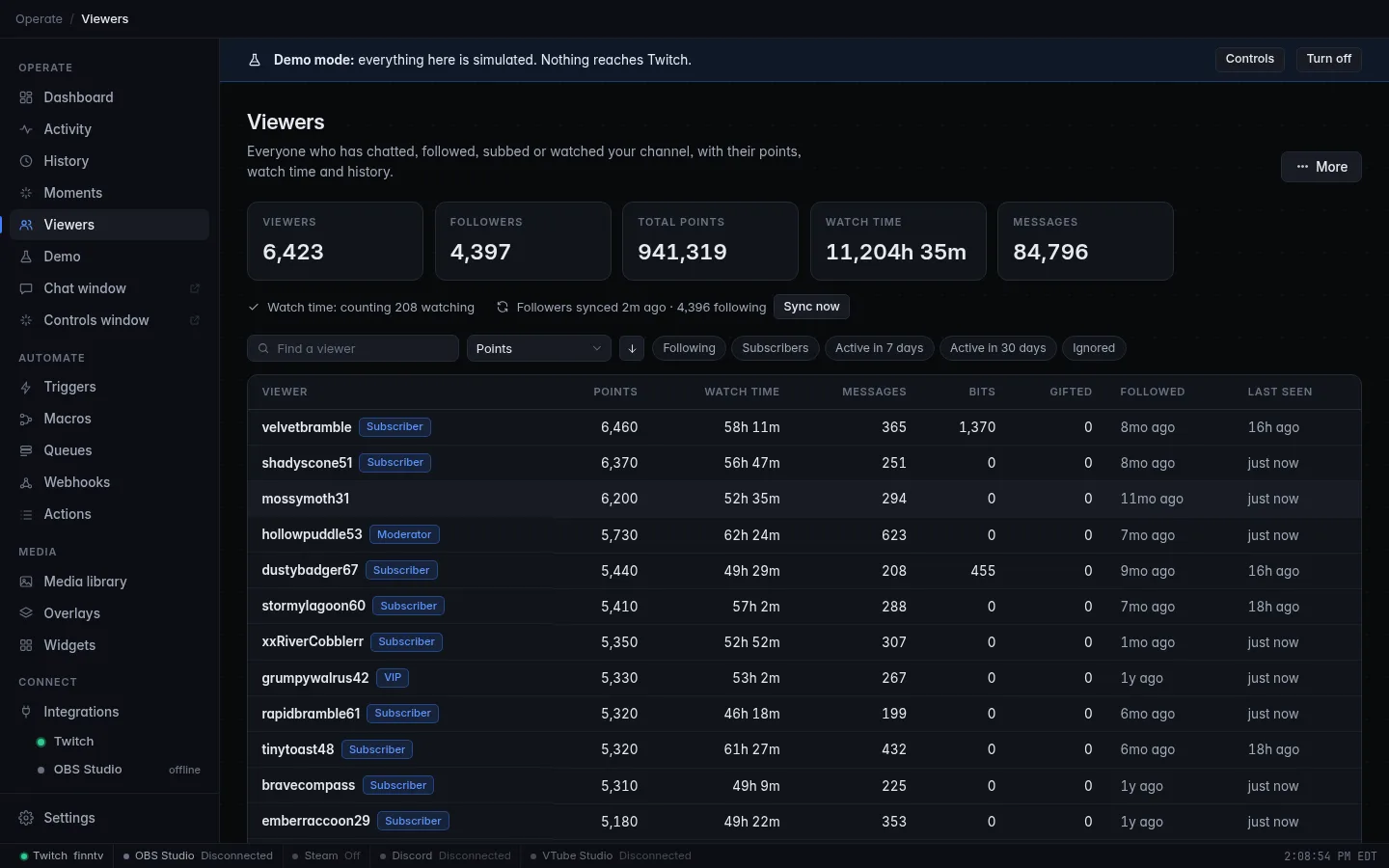 The Viewers page in demo mode, sorted by points: totals for thousands of viewers and a leaderboard of subscribers, a moderator and a VIP