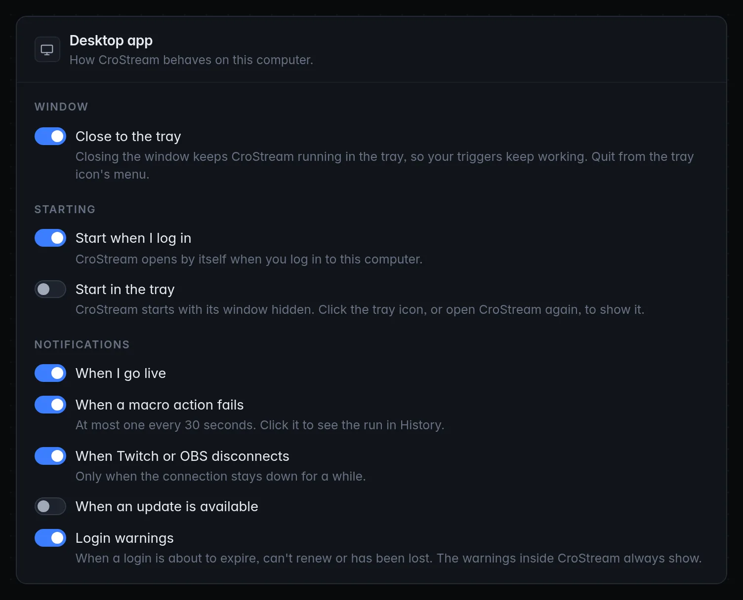 The Desktop app panel in Settings with the Window, Starting and Notifications switches