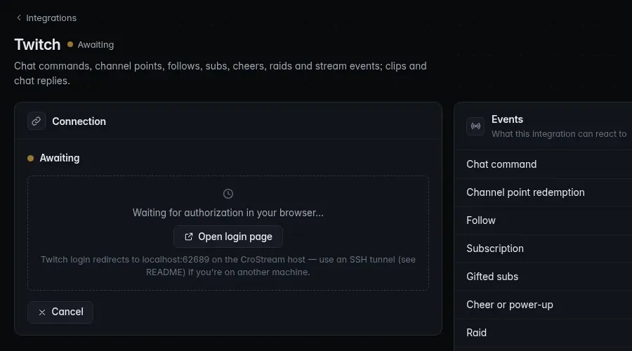 The Twitch page in browser mode, waiting for the login to finish in the browser