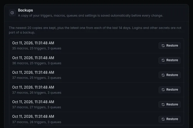 Settings → Backups, listing the automatic copies of the settings file with a Restore button each