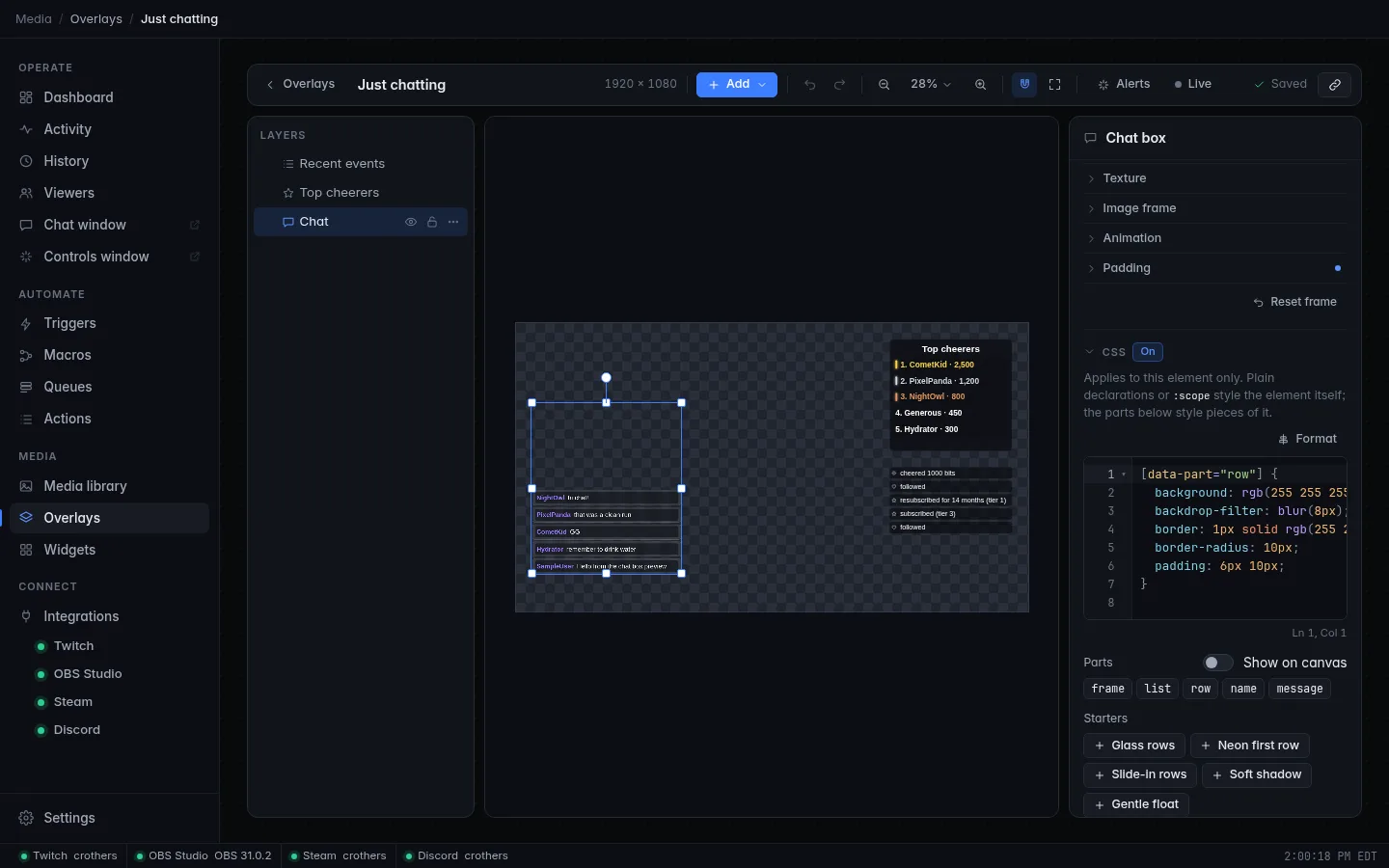 The CSS section of the overlay editor's inspector for a chat box: the Format button above glass-row CSS in the code editor, the Parts with Show on canvas, and the Starters