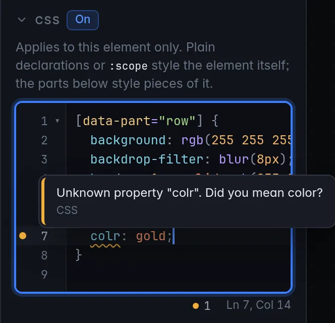 The CSS box with colr: gold added on line 7: the property is underlined in amber, the hover reads "Unknown property "colr". Did you mean color?", and the counter under the box shows one warning