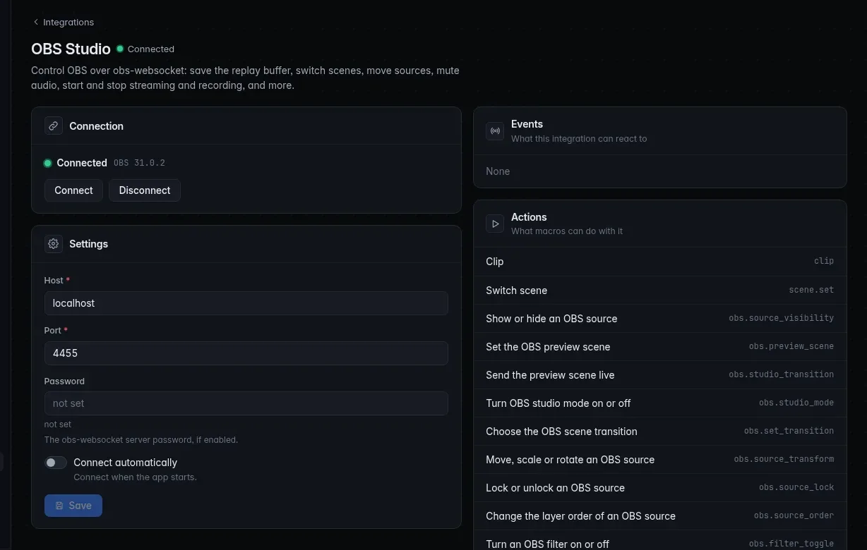 The OBS Studio page in the browser UI: connection, settings and the actions OBS provides