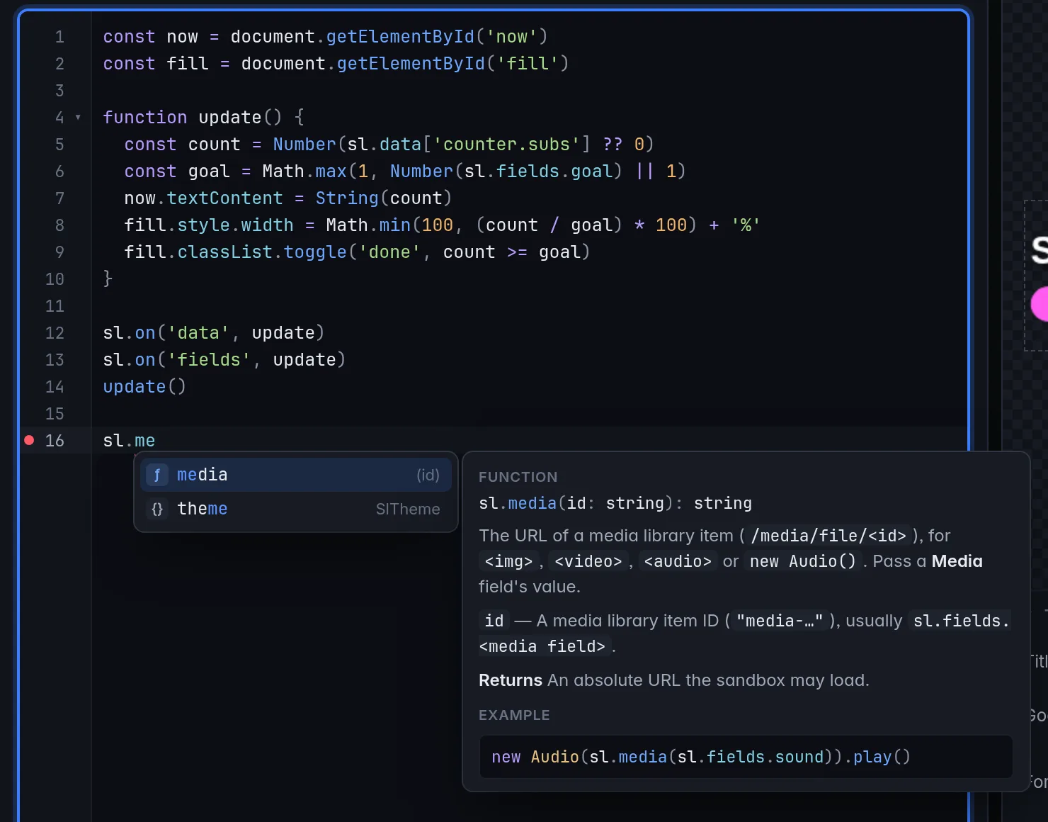 Completion in the JS tab after typing sl.me: media and theme are offered, and the panel beside the list documents sl.media with its signature, parameter, return value and an example