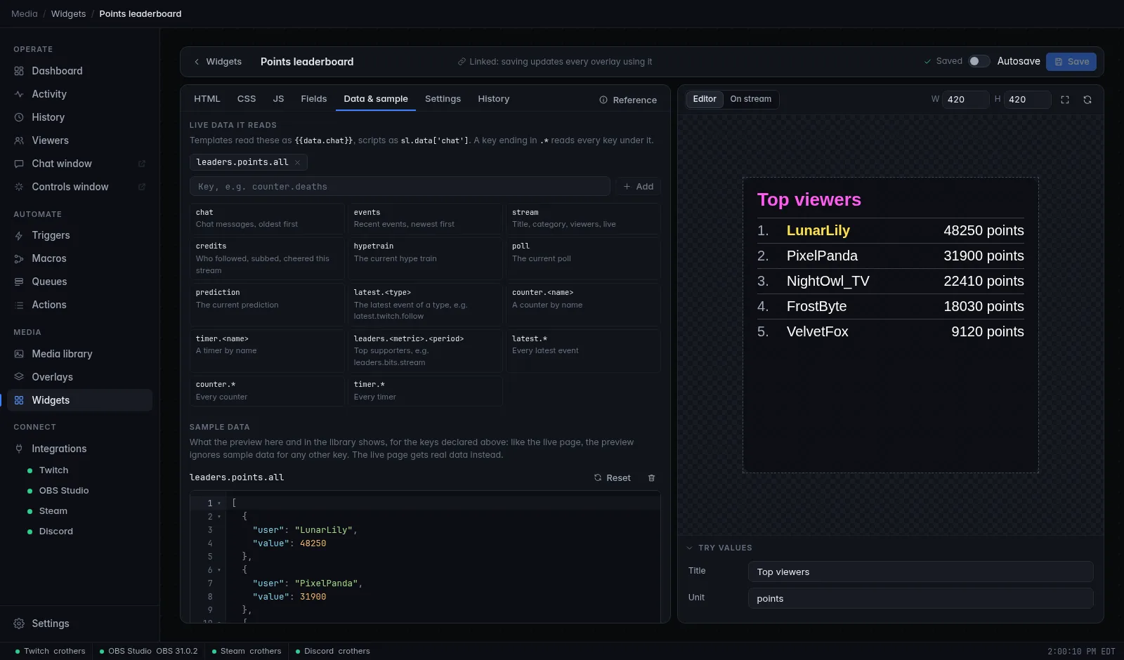 The Data & sample tab: the key the widget reads, suggestions, and the sample data its preview uses, with the note that the preview ignores samples for undeclared keys