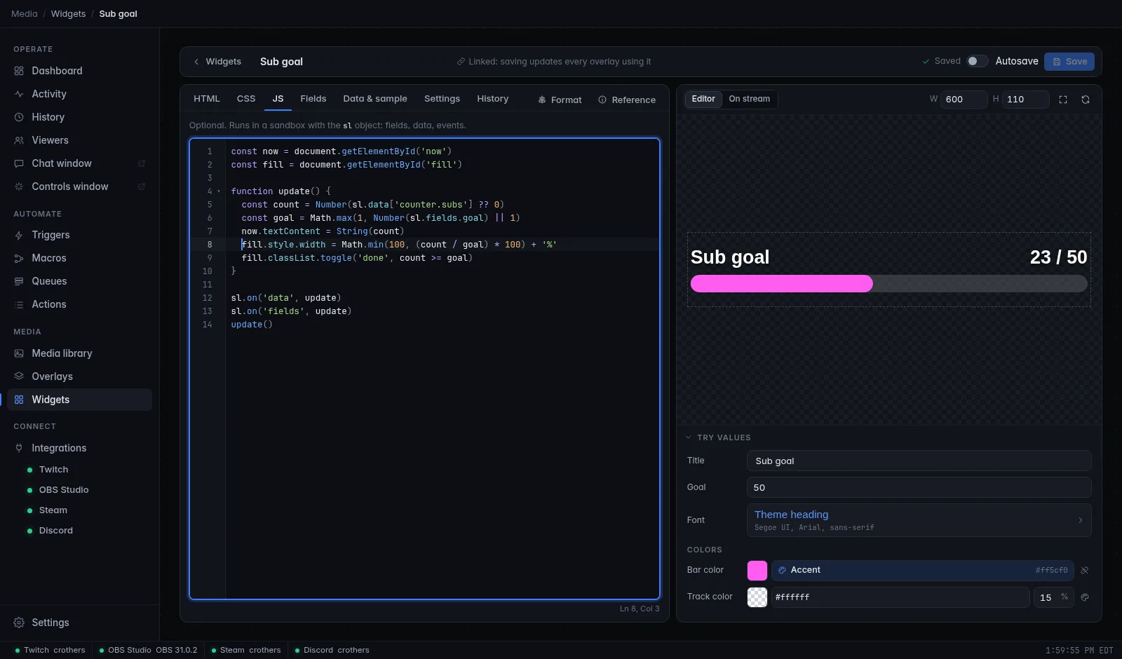 The widget editor: the JS tab open in the code editor with coloured code and line numbers, Format and Reference in the tab bar, and a live preview with Try values on the right