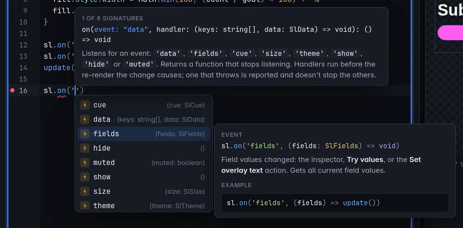 Completion inside sl.on(' lists the events cue, data, fields, hide, muted, show, size and theme with their payloads; the panel documents the fields event, and signature help above the line shows the overload for 'data'
