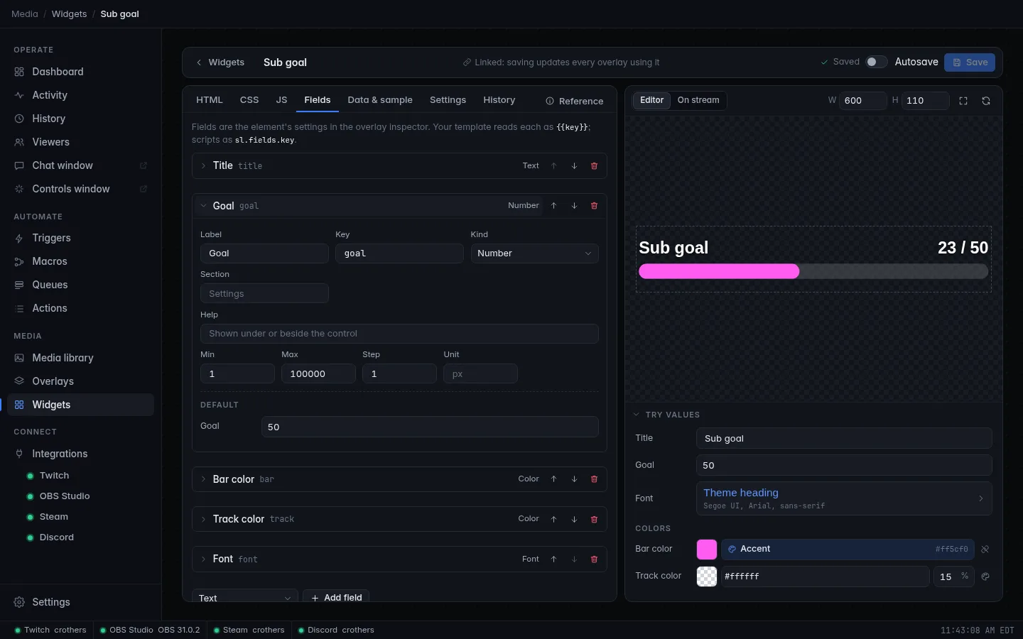 The Fields tab: each field's label, key, kind, section, help and default, with Try values in the preview