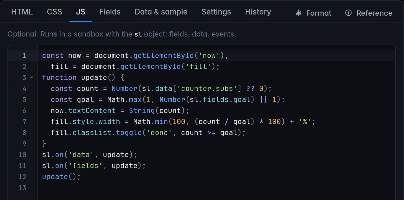 The same script after Format: one statement per line, two-space indentation, single quotes, spaces around operators and semicolons