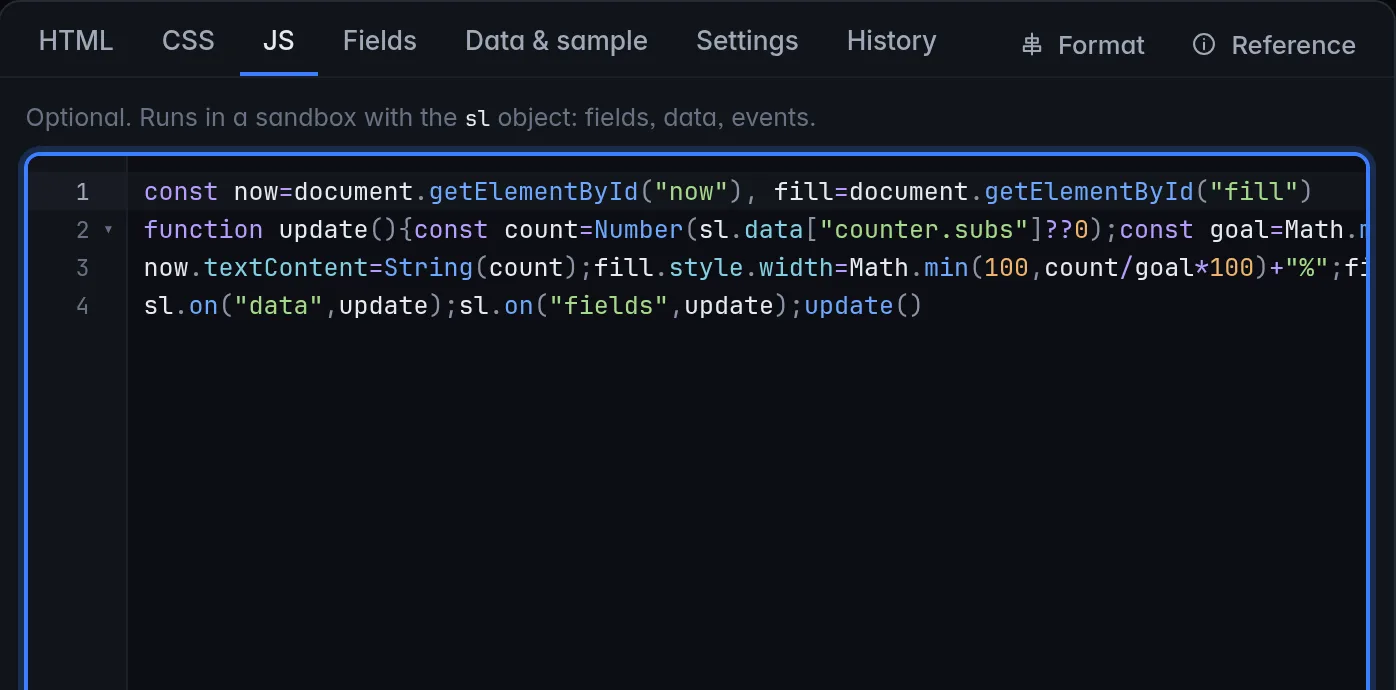 A cramped script in the JS tab: several statements per line, double quotes, no spaces around operators