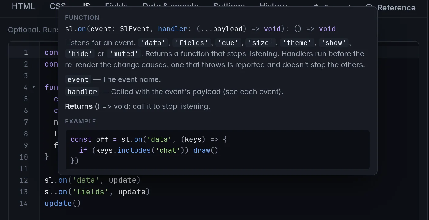 Hovering on in sl.on('data', update): the tooltip shows the signature sl.on(event: SlEvent, handler: (...payload) => void): () => void, a description listing every event, the parameters, the return value and an example