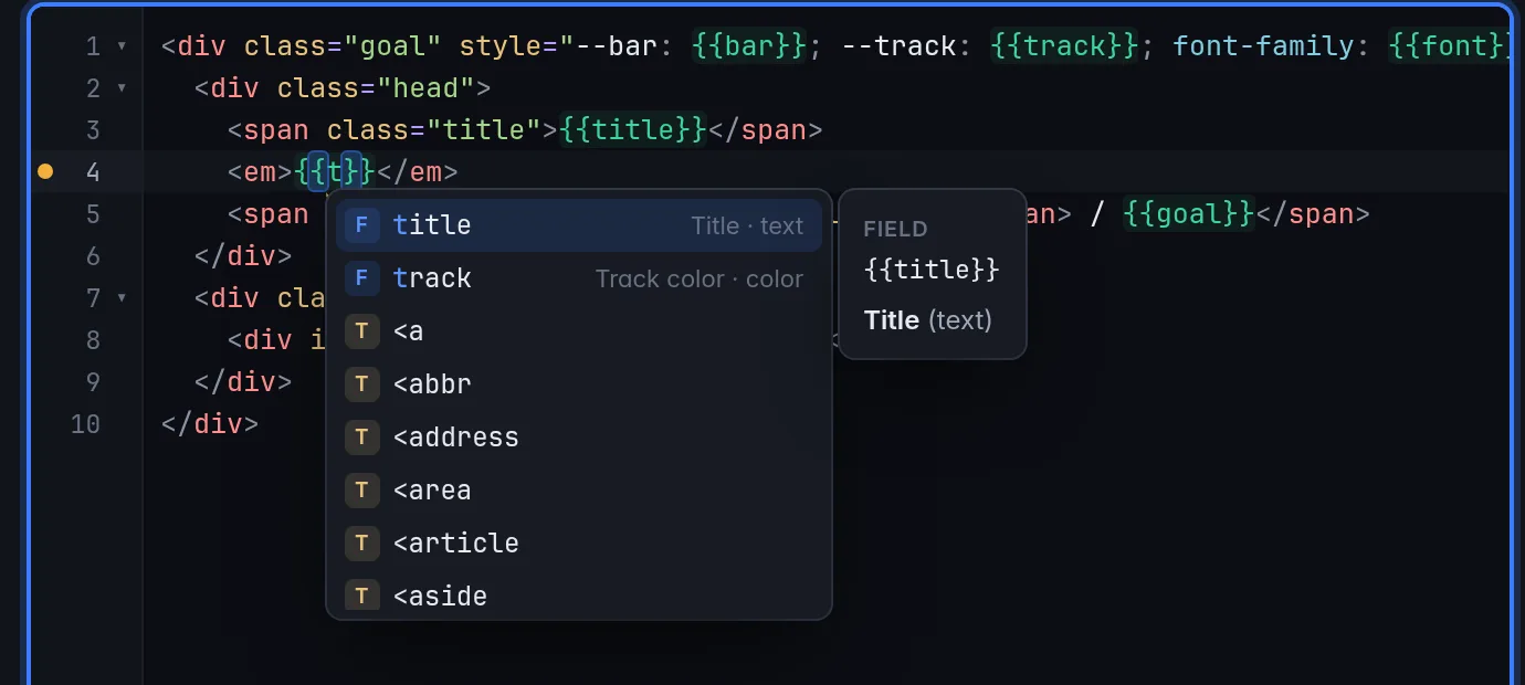 Completion inside {{ in the HTML tab: the fields title and track with their labels and kinds, then HTML tags; the panel shows the field title, Title (text)