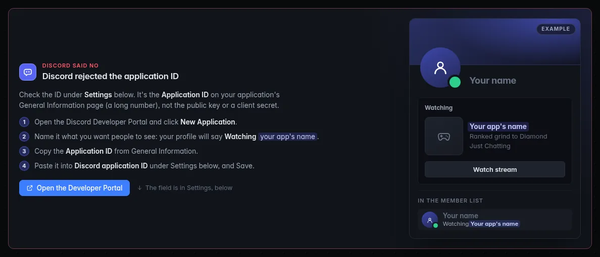 The Discord setup card: "Discord rejected the application ID", four numbered steps to create an application, an Open the Developer Portal button, and an example profile reading "Watching Your app's name"