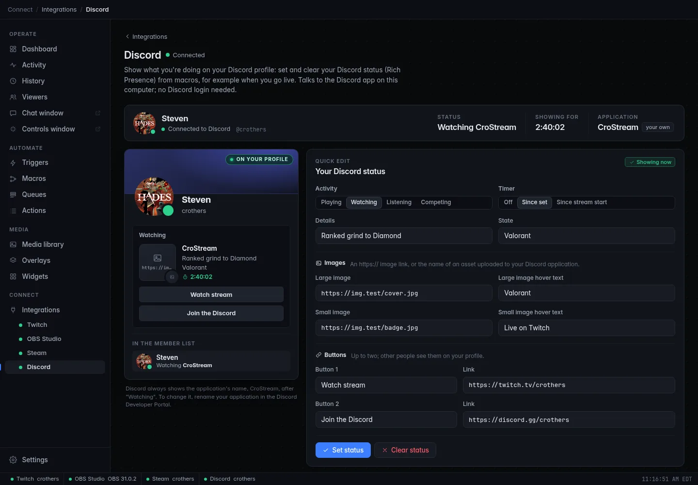 The Discord panel: your Discord account, a preview of your profile showing "Watching CroStream" with the stream title, category, timer and Watch stream button, and the quick editor next to it