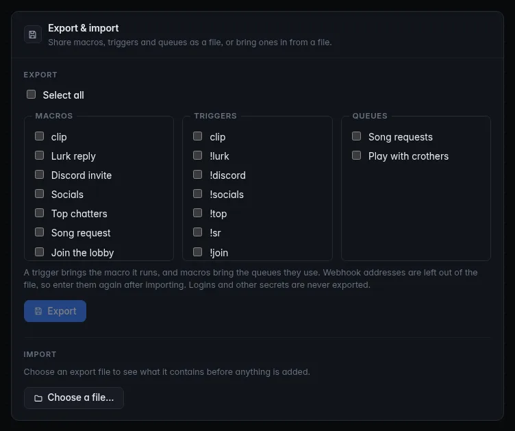 Settings → Export & import: checkboxes for each macro, trigger and queue, an Export button, and Choose a file… for importing