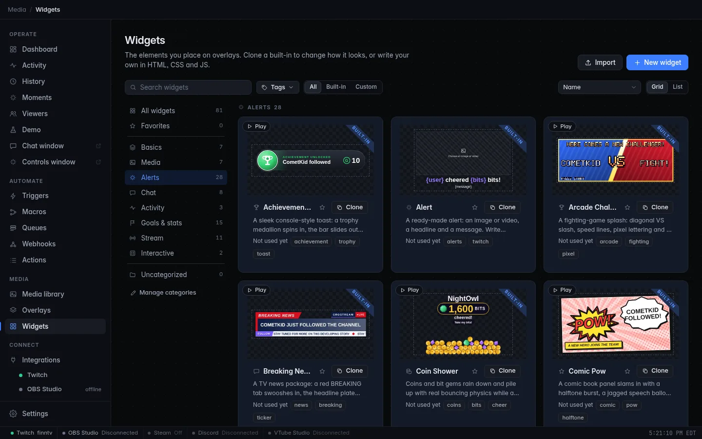 The Widgets page filtered to Alerts: cards for Achievement Unlocked, Alert, Arcade Challenger, Breaking News, Coin Shower and Comic Pow, each with a BUILT-IN ribbon, a live preview, a Play button and a Clone button