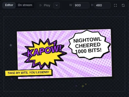 The widget editor playing Comic Pow: a yellow KAPOW! burst and a speech balloon reading "NIGHTOWL CHEERED 1000 BITS!" on a halftone panel