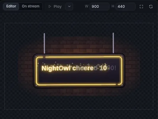 The widget editor playing Neon Sign: the line "NightOwl cheered 1000!" igniting letter by letter inside a glowing yellow tube frame on a brick wall
