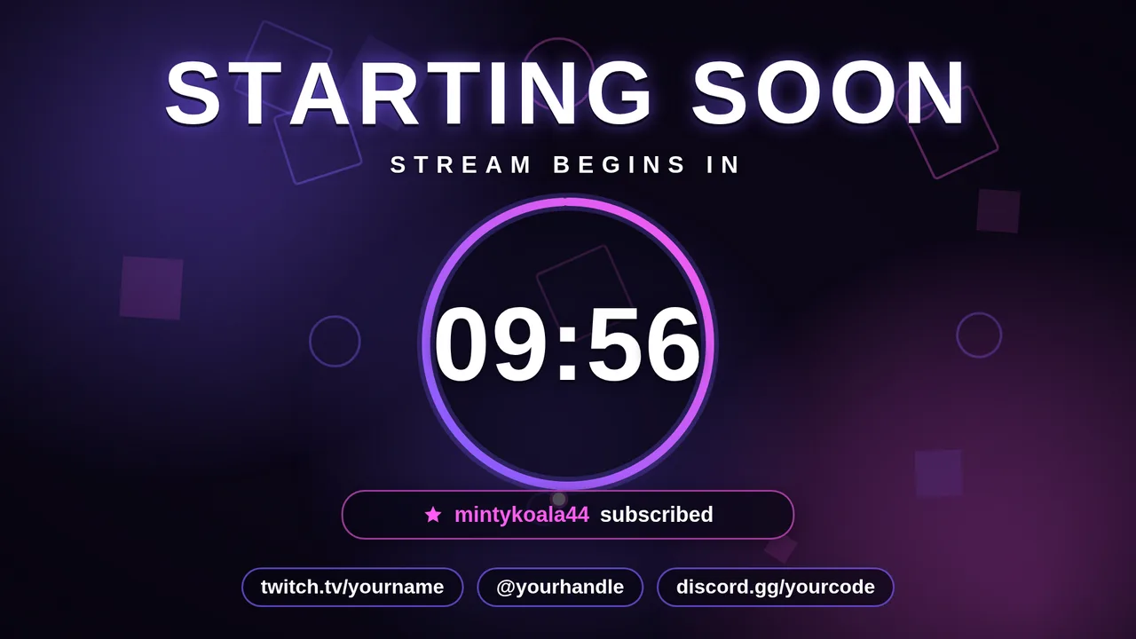 The Starting Soon scene: STARTING SOON in large white letters, STREAM BEGINS IN, a gradient countdown ring reading 09:56, a pill naming the newest subscriber, and three social handles