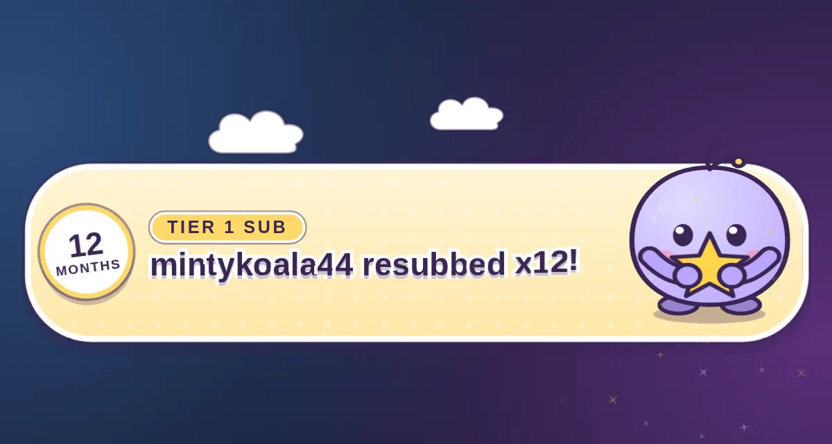 The Cozy Pastel Set playing a subscription alert: a cream pill reading "mintykoala44 resubbed x12!" with a 12 MONTHS badge, and a lavender blob mascot holding a star