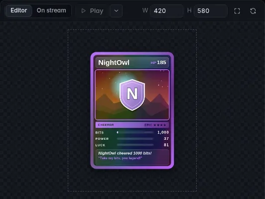 The widget editor playing Trading Card: a purple holographic card for NightOwl with bits, power and luck bars