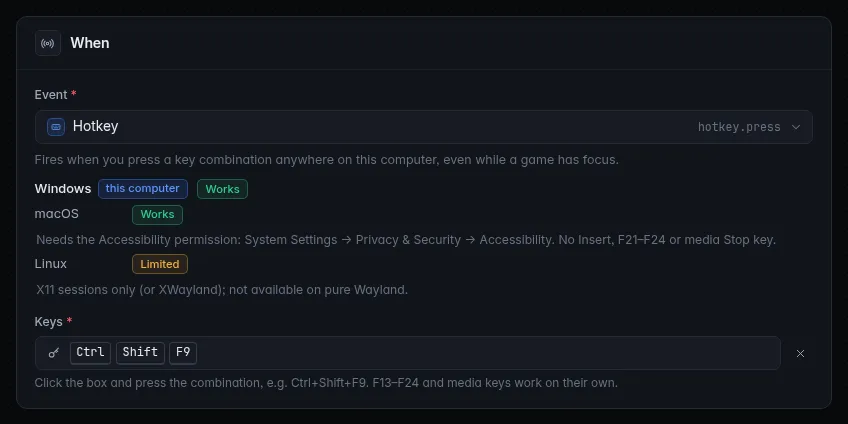 The Keys box in the trigger editor showing Ctrl + Shift + F9