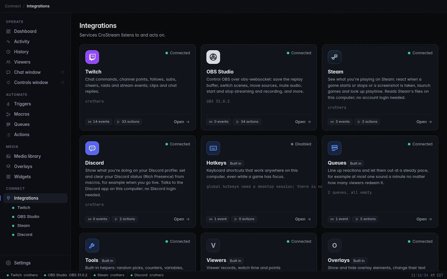 The Integrations page: a card for each connection and built-in part, with its status, account, and how many events and actions it has