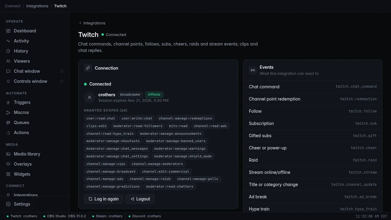 The Twitch integration page after logging in, showing the account, the expiry date and the granted permissions