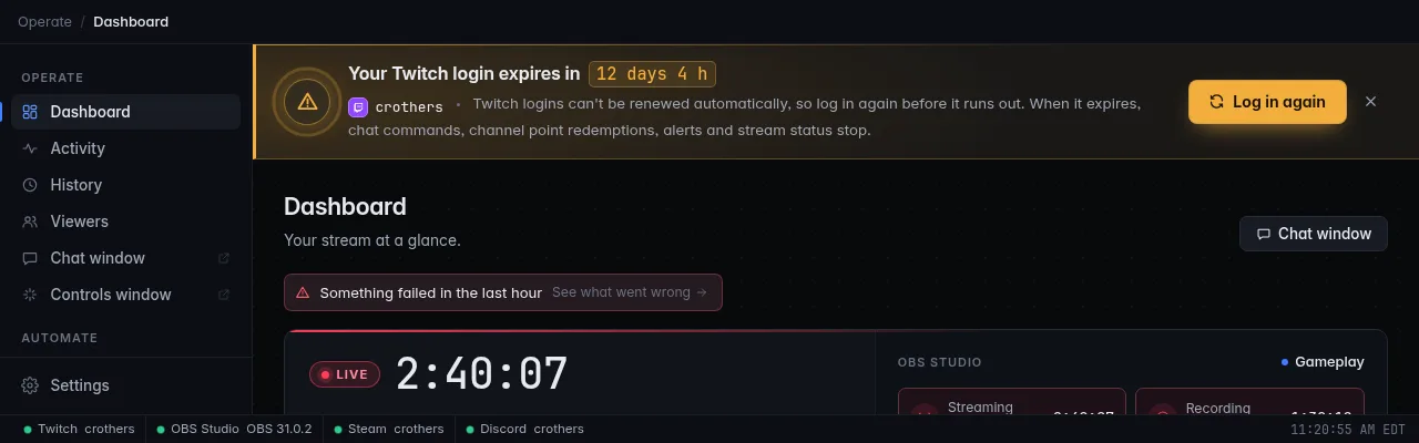 An amber login warning banner: "Your Twitch login expires in 12 days 4 h" with a Log in again button