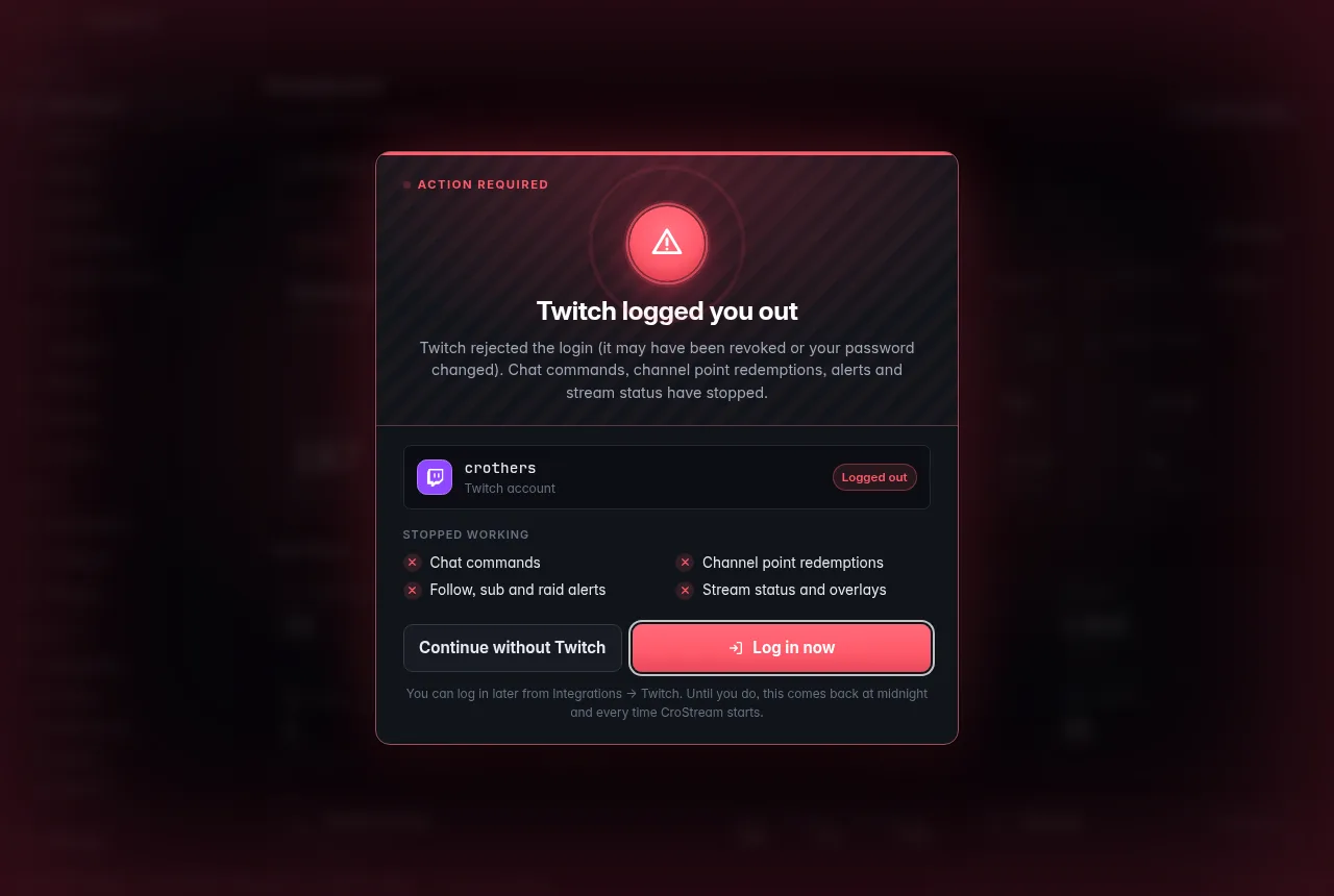 The pop-up after Twitch logged you out: the reason, what stopped working, and the Continue without Twitch and Log in now buttons