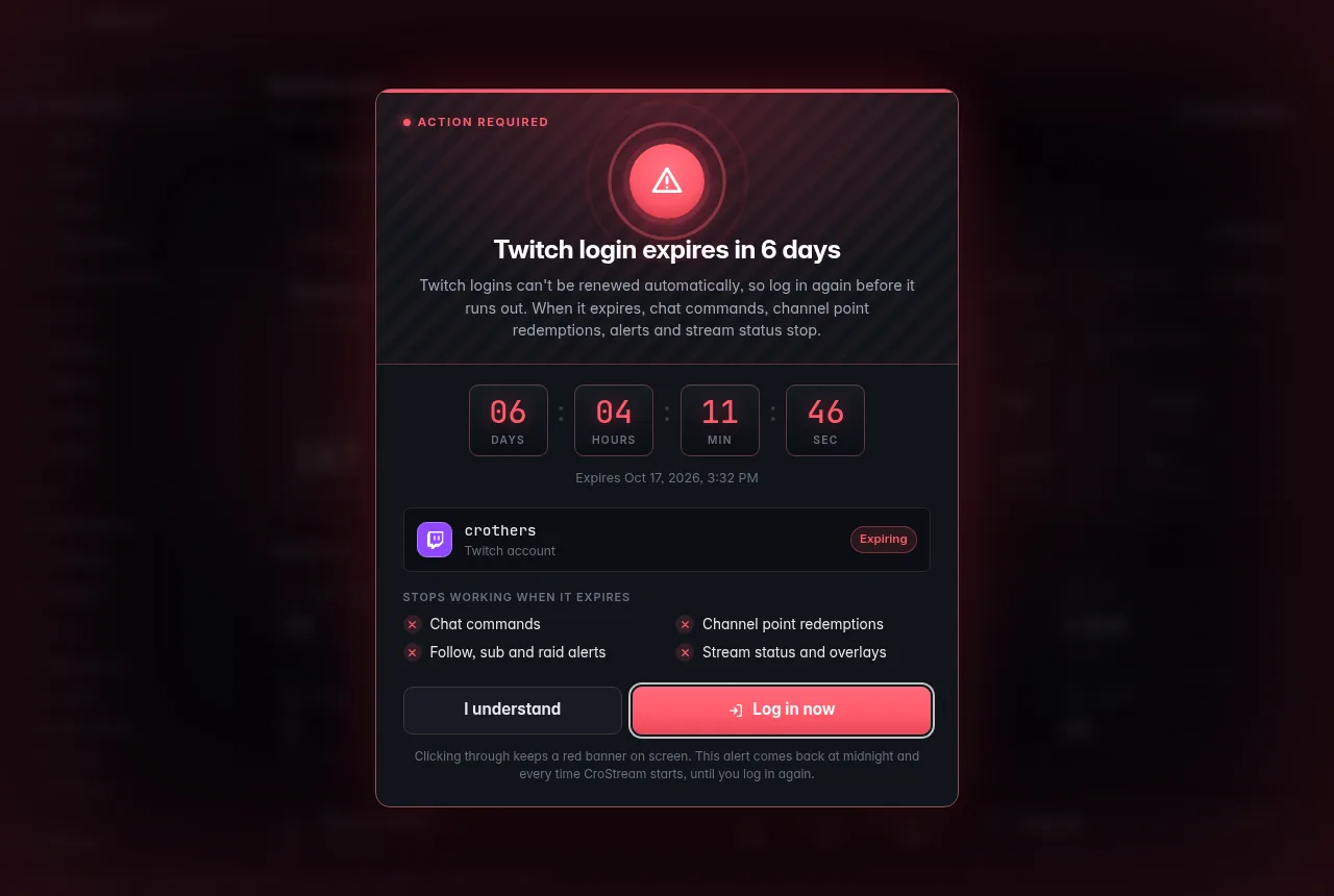 The login warning pop-up: "Twitch login expires in 6 days", a countdown in days, hours, minutes and seconds, the account, and what stops working