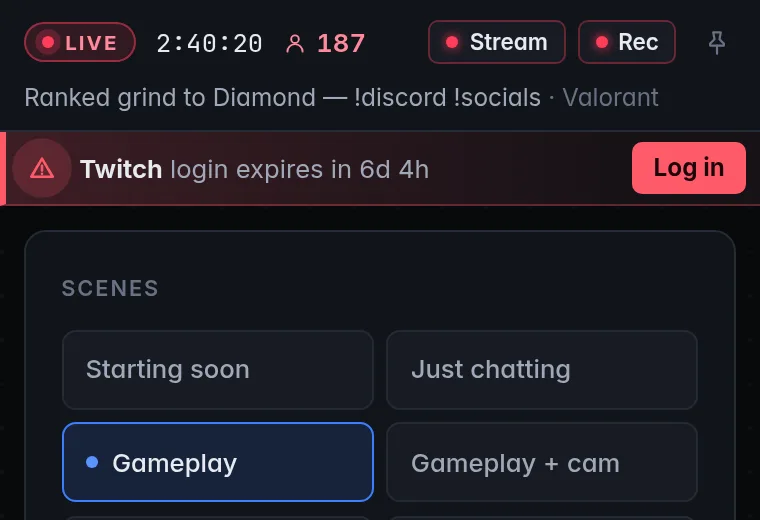 The Controls window with a red line under its header: Twitch login expires in 6d 4h, and a Log in button