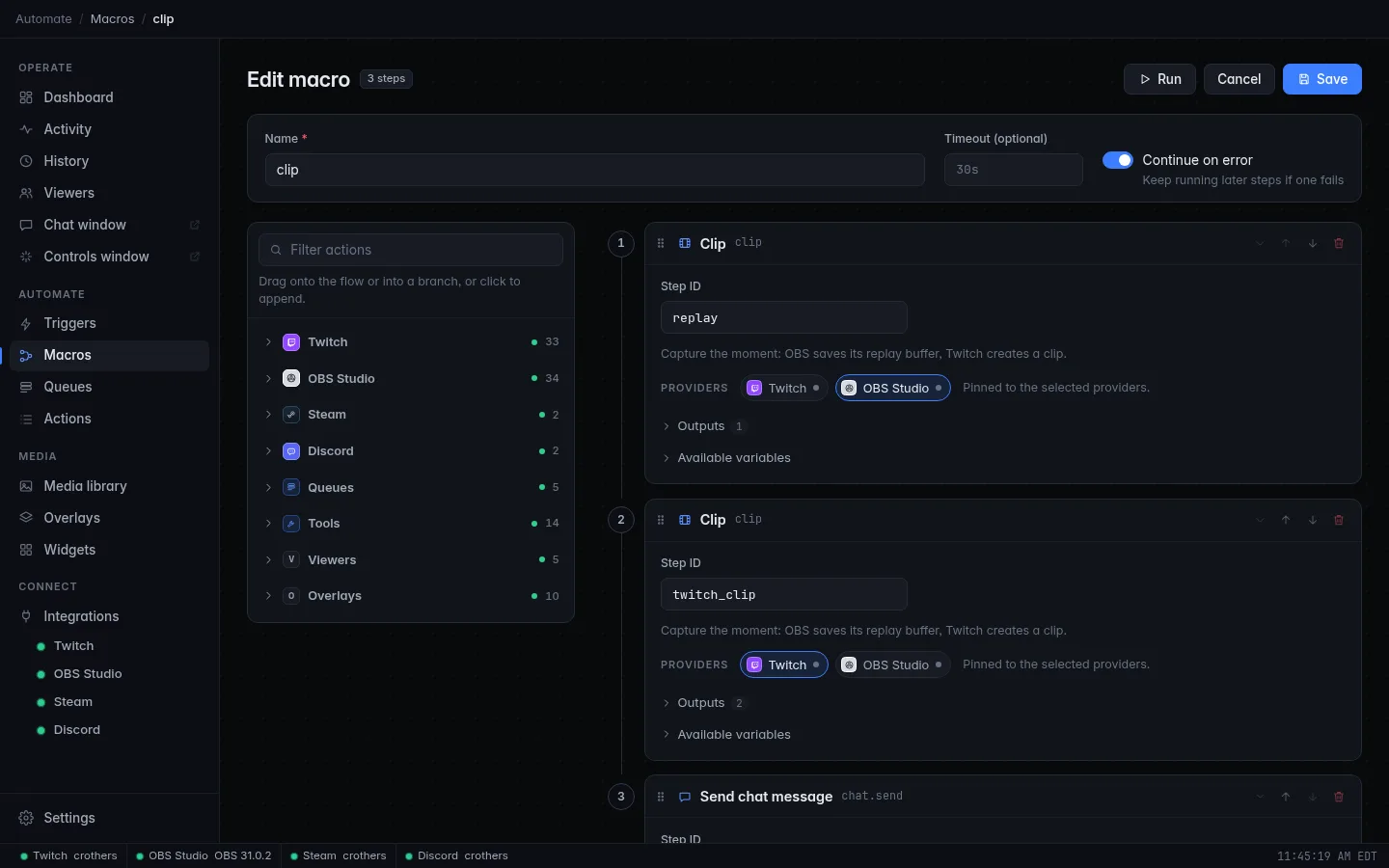 The macro editor with the default clip macro: save the OBS replay buffer, create a Twitch clip, then send the link in chat.