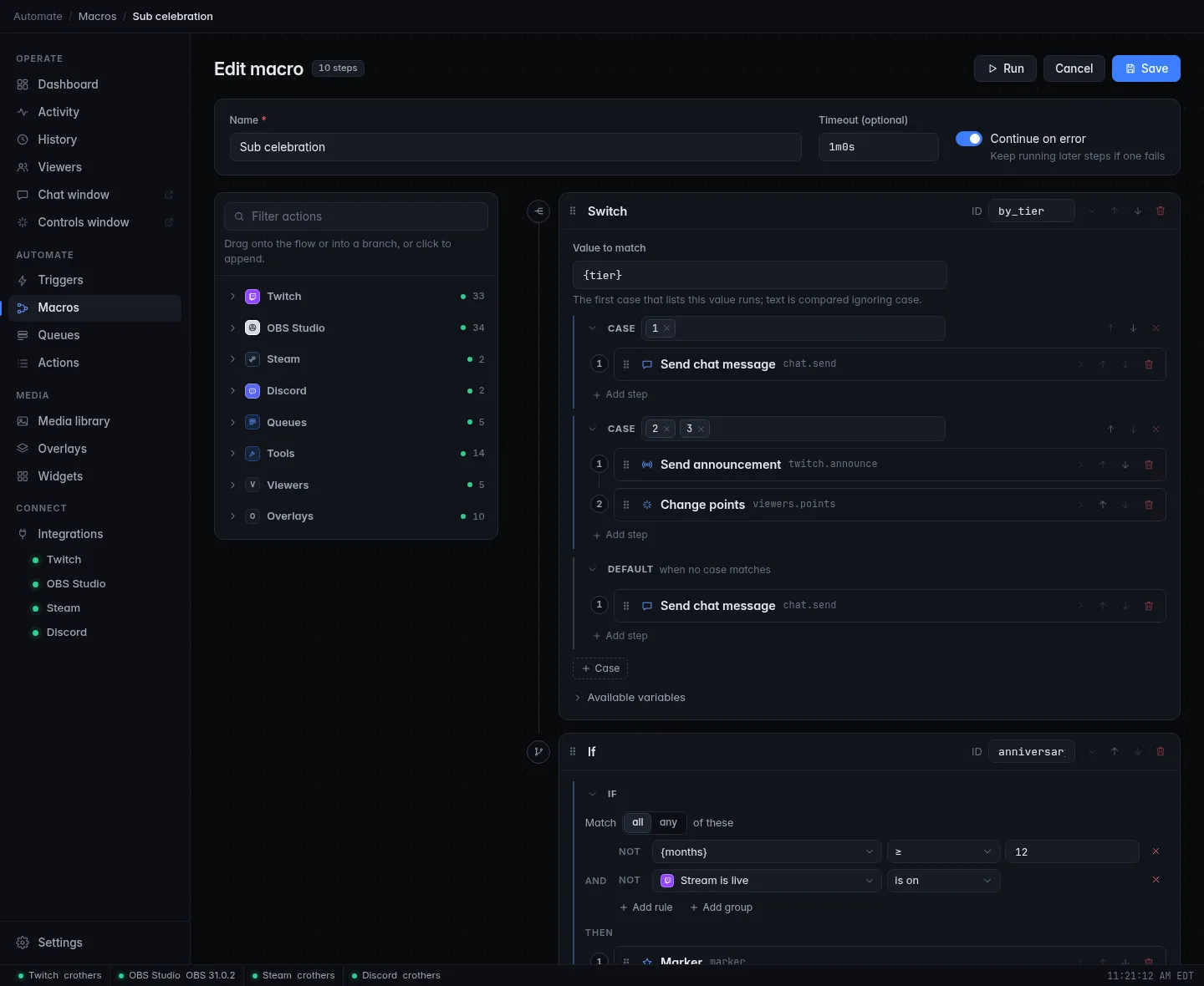 The macro editor: settings at the top, the action palette on the left, and the steps, including an If and a Switch, on the right
