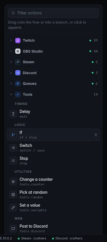 The palette with the Tools section open: Delay, If, Switch and Stop above the Tools actions